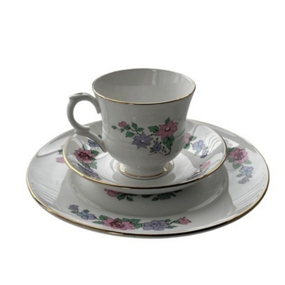 Staffordshire‎ Cathay Fine Bone China Trio Set Cup Saucer Plate Peacock Floral